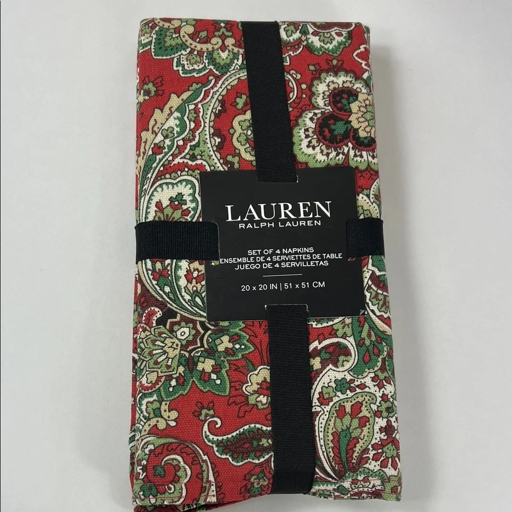Ralph Lauren Tablecloth 60 x 84 and 4 Napkins Red & Green Paisley Christmas NEW